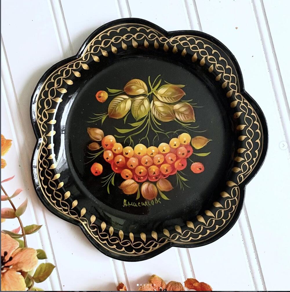 Small Vintage Tin Tole Tray Black Gold Fruit Signed Hand Painted Round Scallop